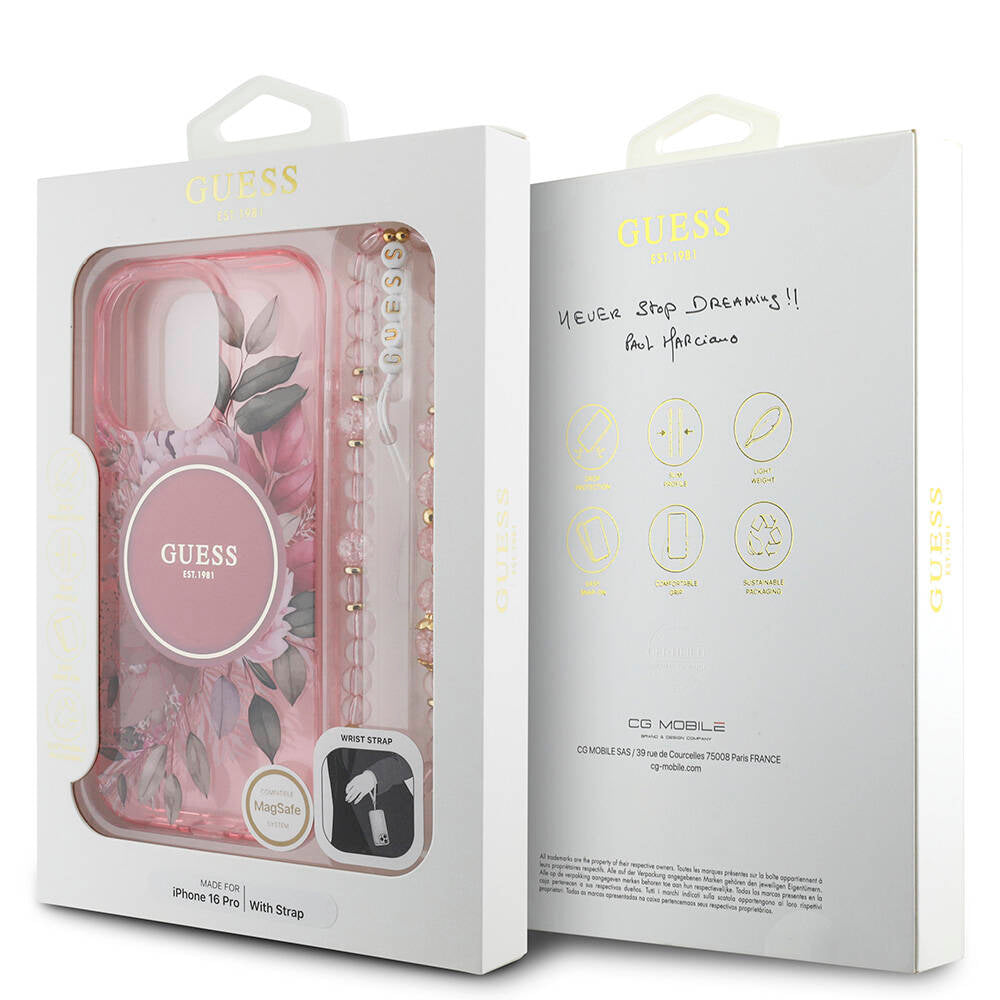 Guess iPhone 16 Pro Orjinal Lisanslı Magsafe Şarj Özellikli IML Baskılı Çiçek İnci Bileklikli Telefon Kılıfı - 36 Guess iPhone 16 Pro Orjinal Lisanslı Magsafe Şarj Özellikli IML Baskılı Çiçek İnci Bileklikli Telefon Kılıfı - 36